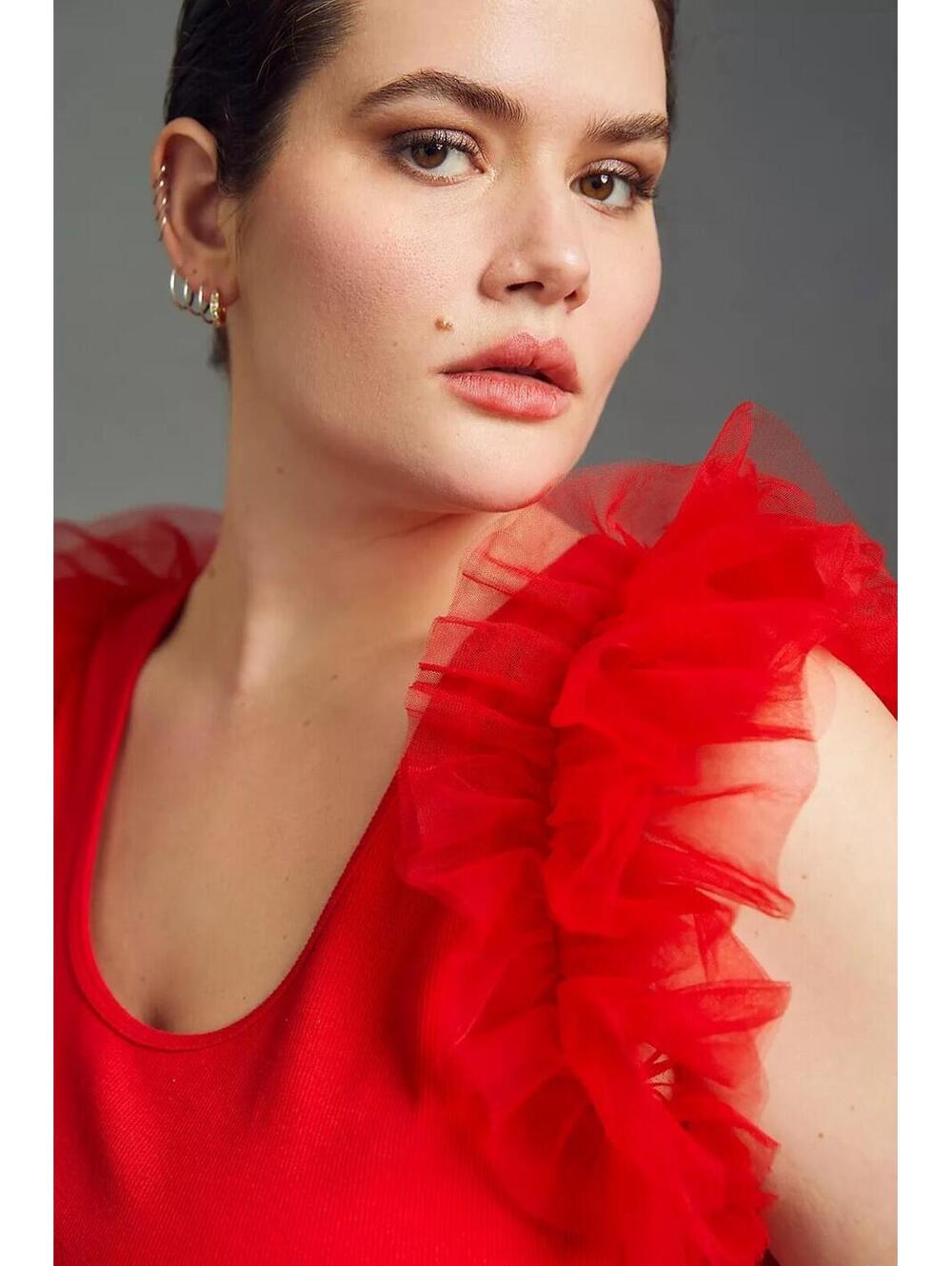 ANTHROPOLOGIE DOLAN NWT Women’s Tulle Sleeve Tank Top in Red-Size Large